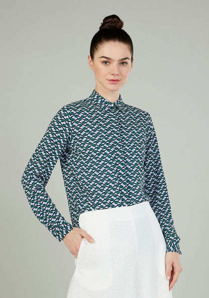Iconic Print Top with Spread Collar and Long Sleeves