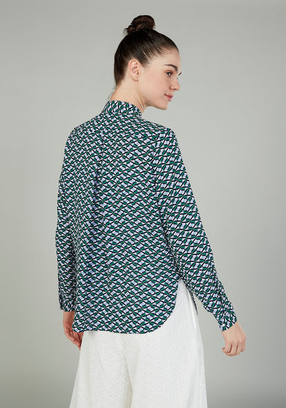 Iconic Print Top with Spread Collar and Long Sleeves