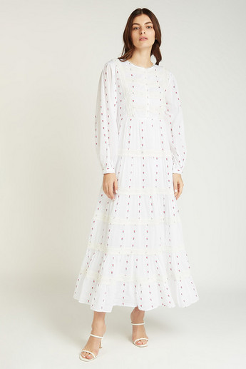 Iconic Embroidered Maxi A-line Dress with Round Neck and Long Sleeves
