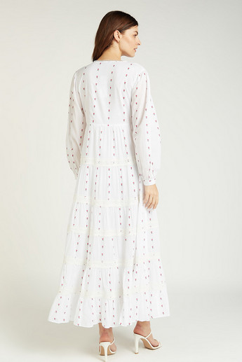 Iconic Embroidered Maxi A-line Dress with Round Neck and Long Sleeves