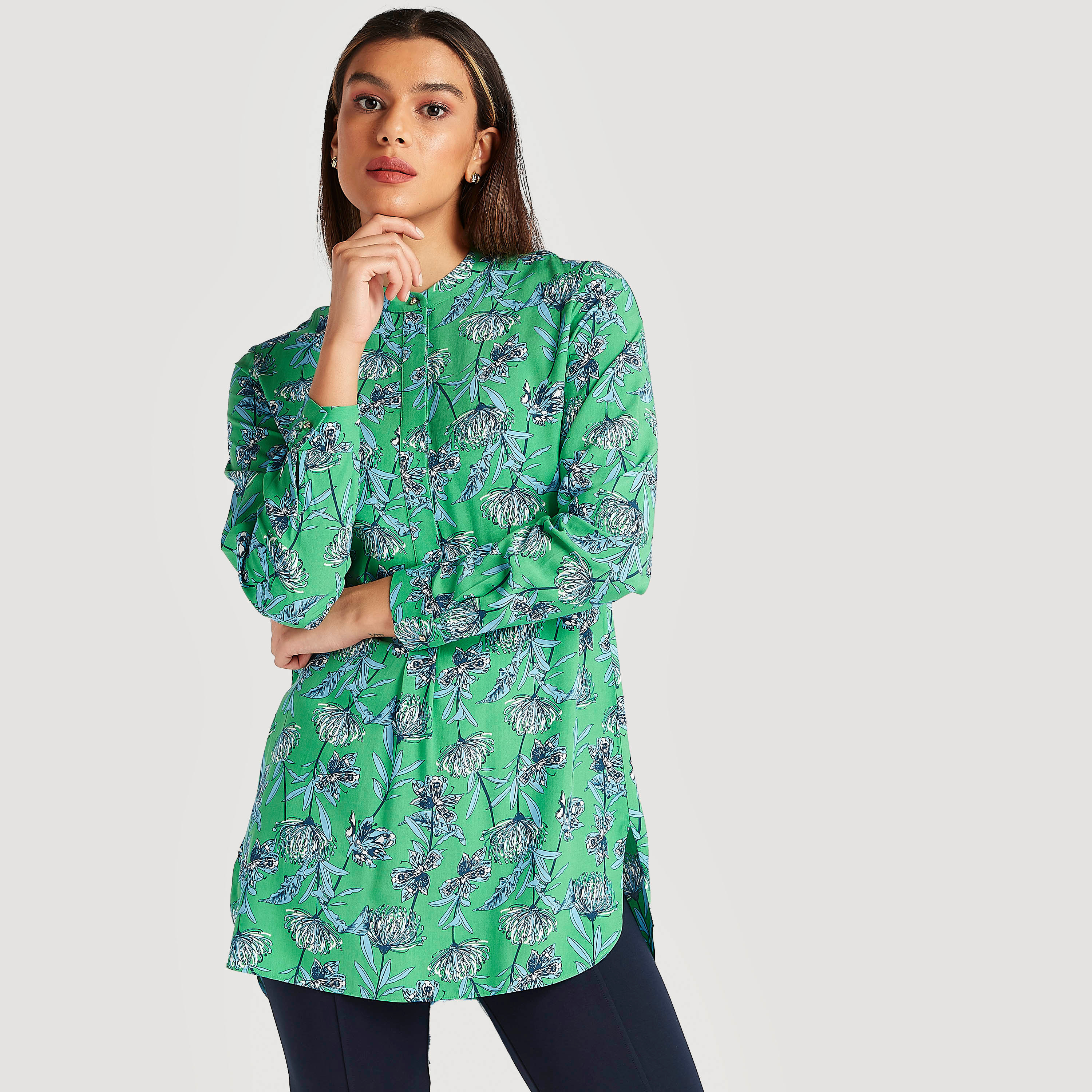 Iconic Floral Print Longline Top with Long Sleeves-women-clothing-shirtsandblouses-blouses-image-1