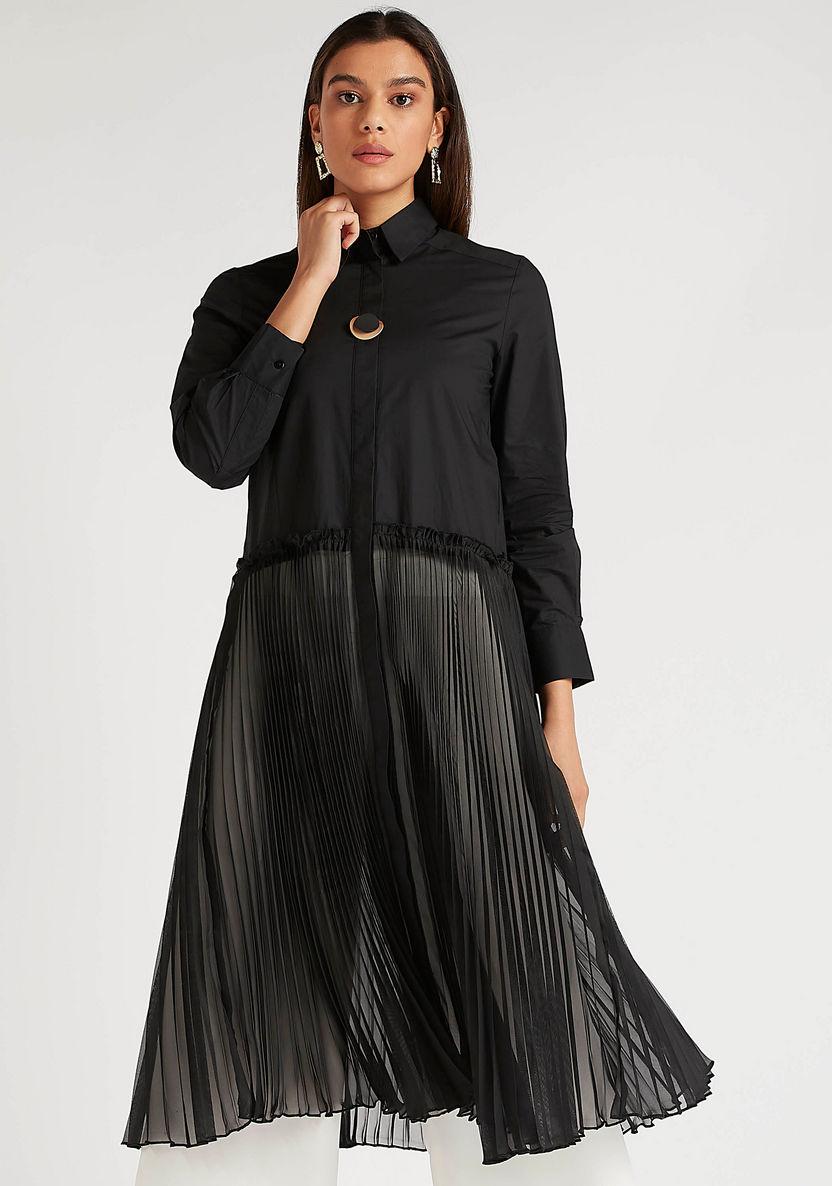 Iconic Pleated Midi A-line Dress with Long Sleeves-Dresses-image-0