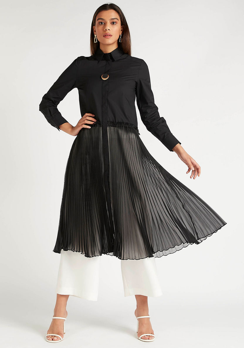 Iconic Pleated Midi A-line Dress with Long Sleeves-Dresses-image-1