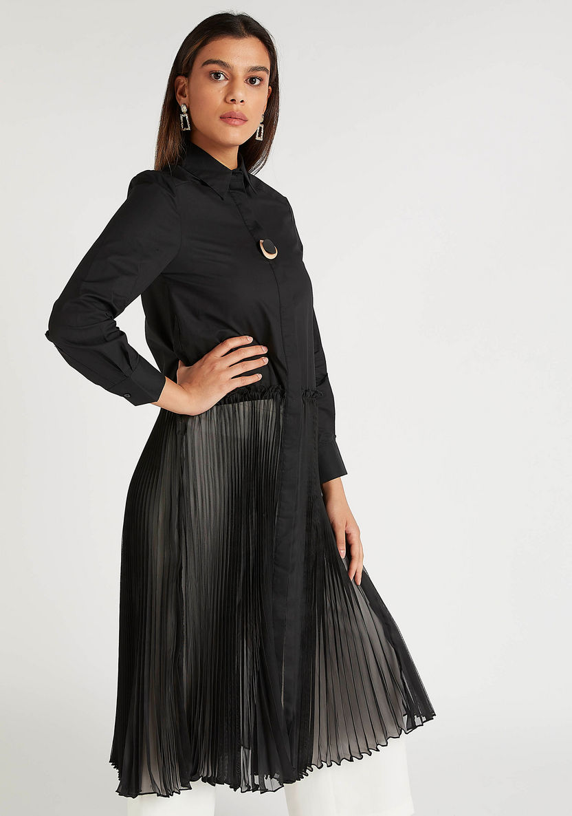 Iconic Pleated Midi A-line Dress with Long Sleeves-Dresses-image-5