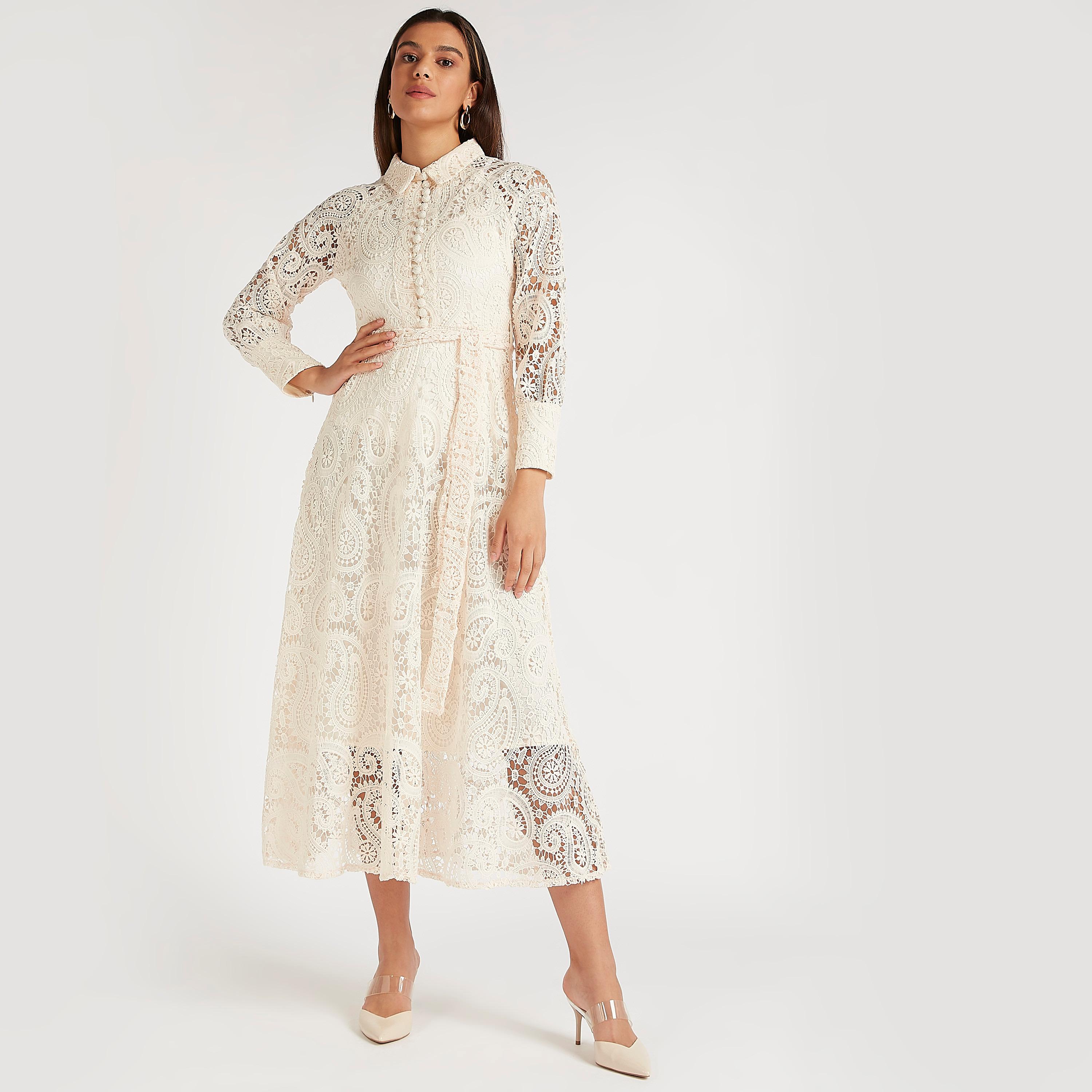 فستان دانتيل ميدي إيه لاين بياقة عادية وأكمام طويلة-women-clothing-dresses-image-1
