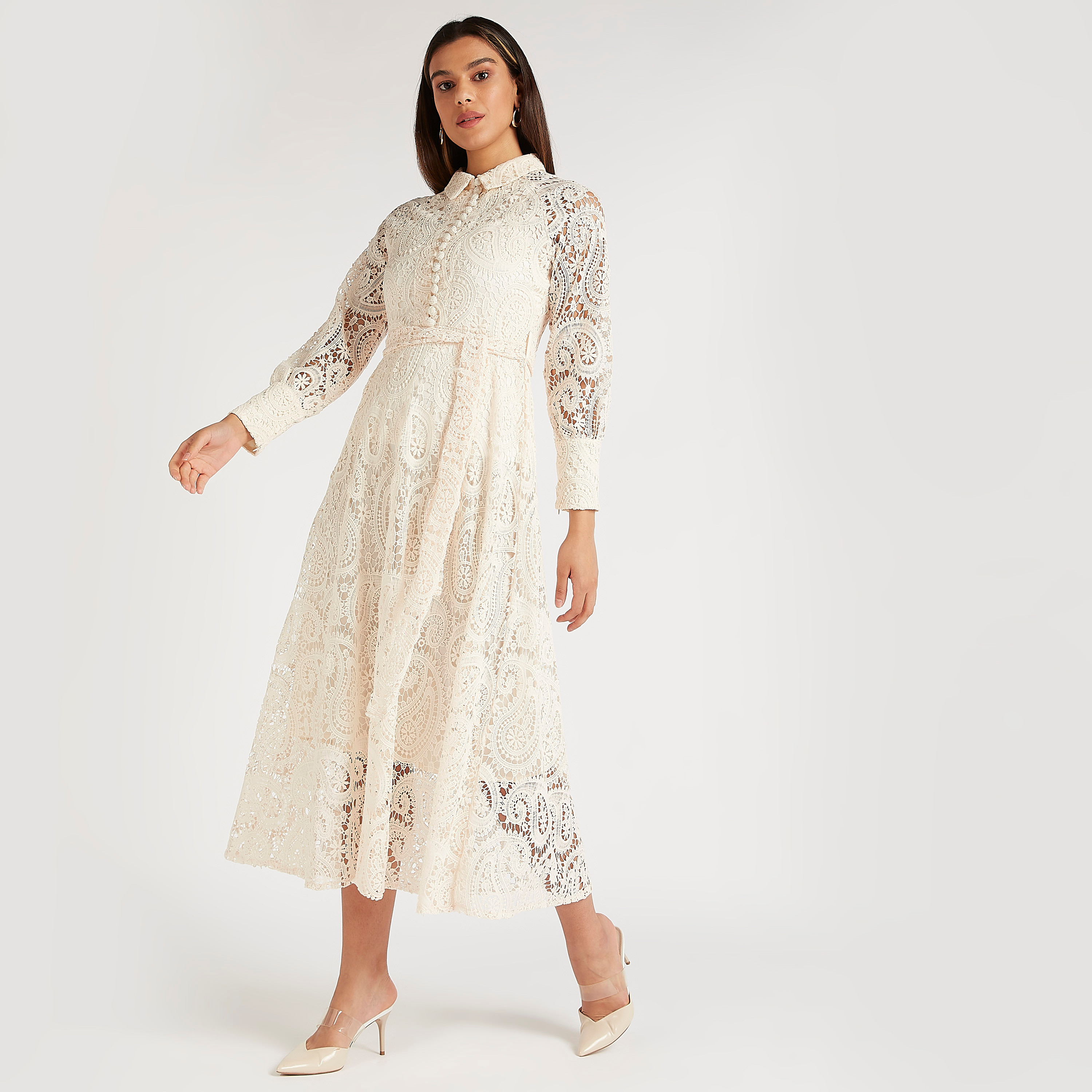 فستان دانتيل ميدي إيه لاين بياقة عادية وأكمام طويلة-women-clothing-dresses-image-2