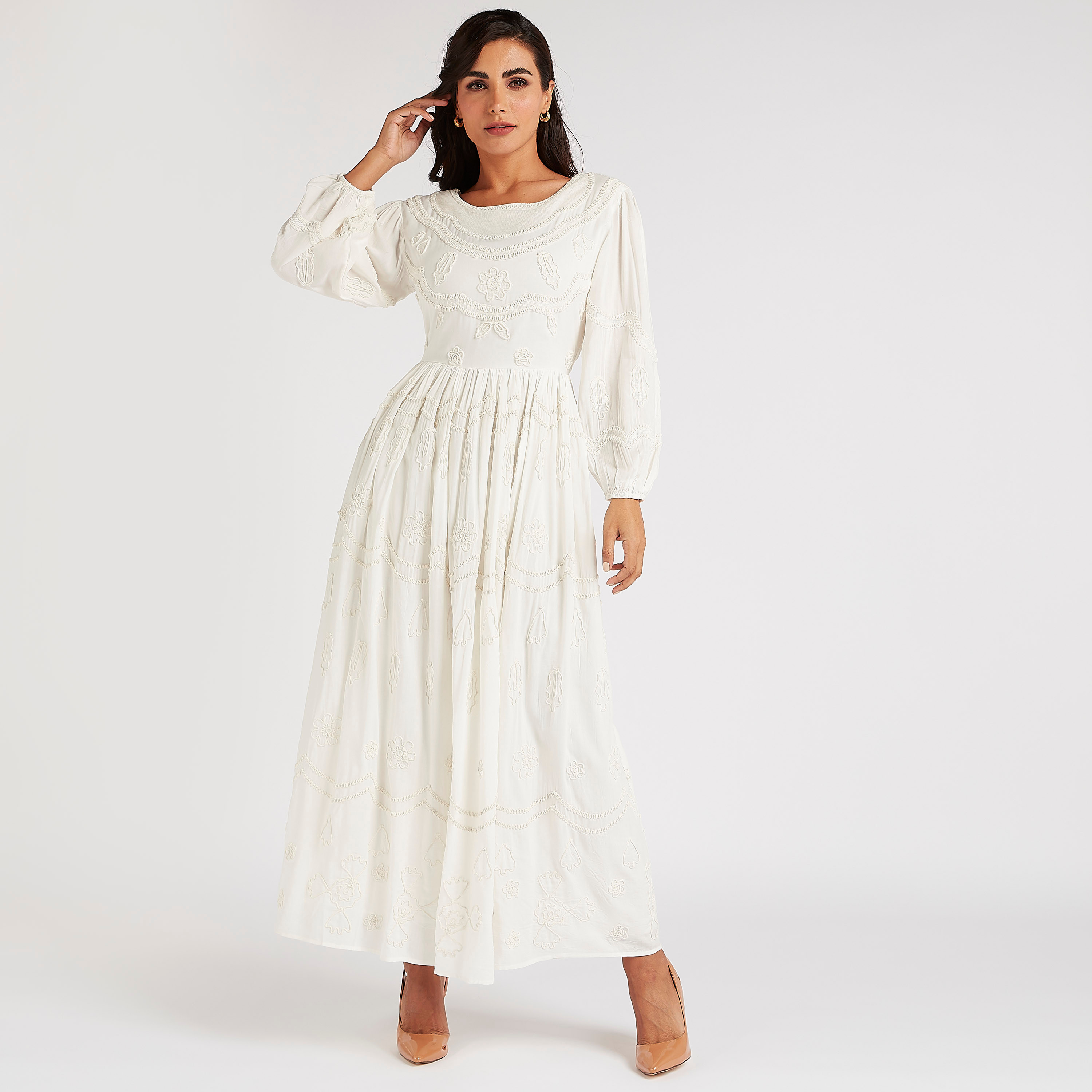 Buy Iconic Embroidered Maxi A line Dress with Long Sleeves Splash UAE