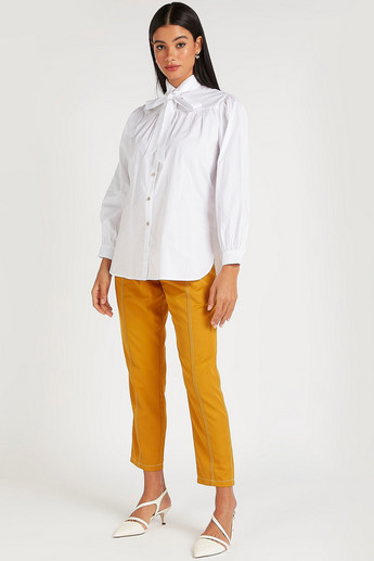 Iconic Ankle Length Solid Mid-Rise Trousers with Tie-Ups and Pockets