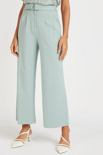 Iconic Solid Mid-Rise Palazzo Pants with Pockets and Belt