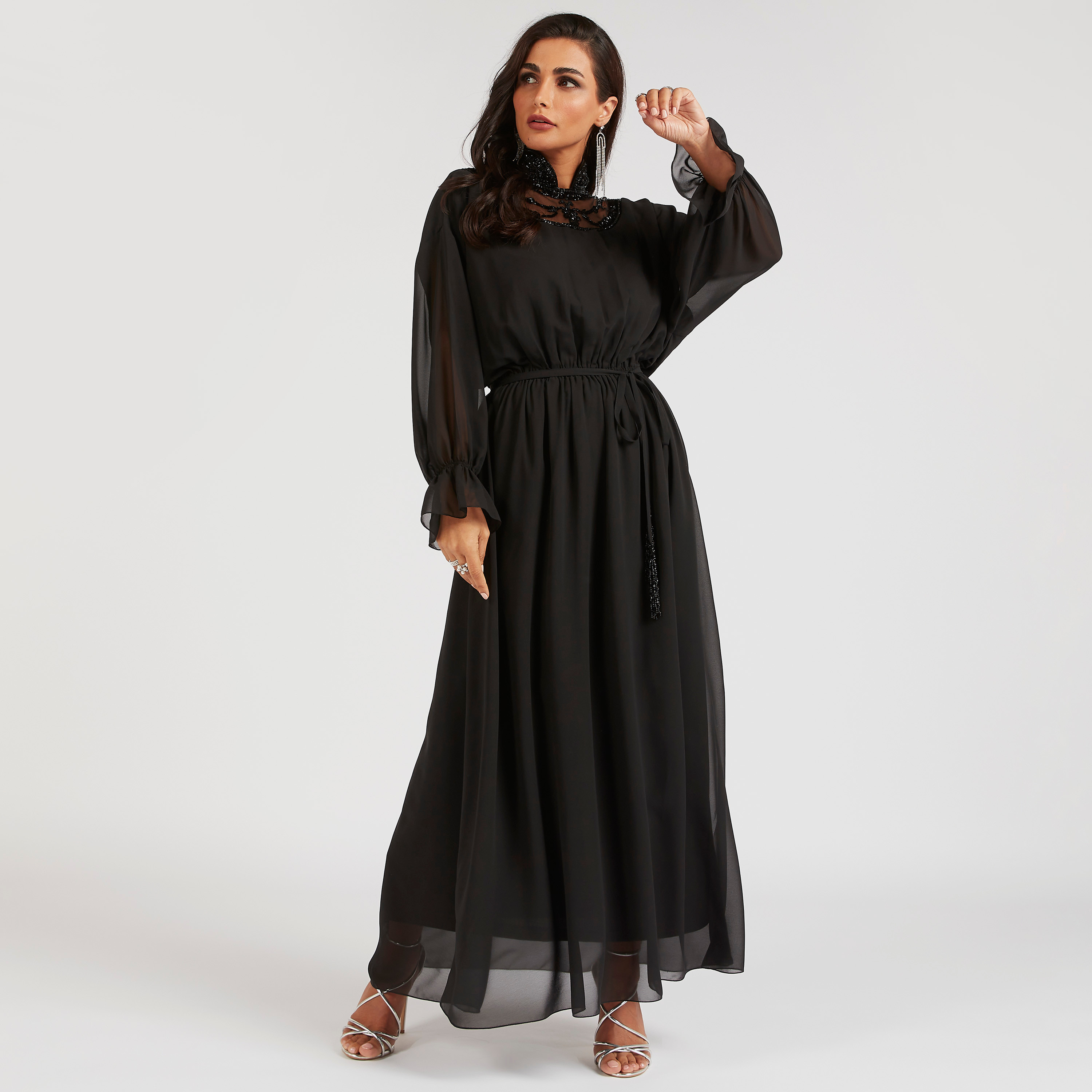 Iconic Embellished Maxi A-line Dress with Long Sleeves and Tie-Ups-women-clothing-dresses-image-1