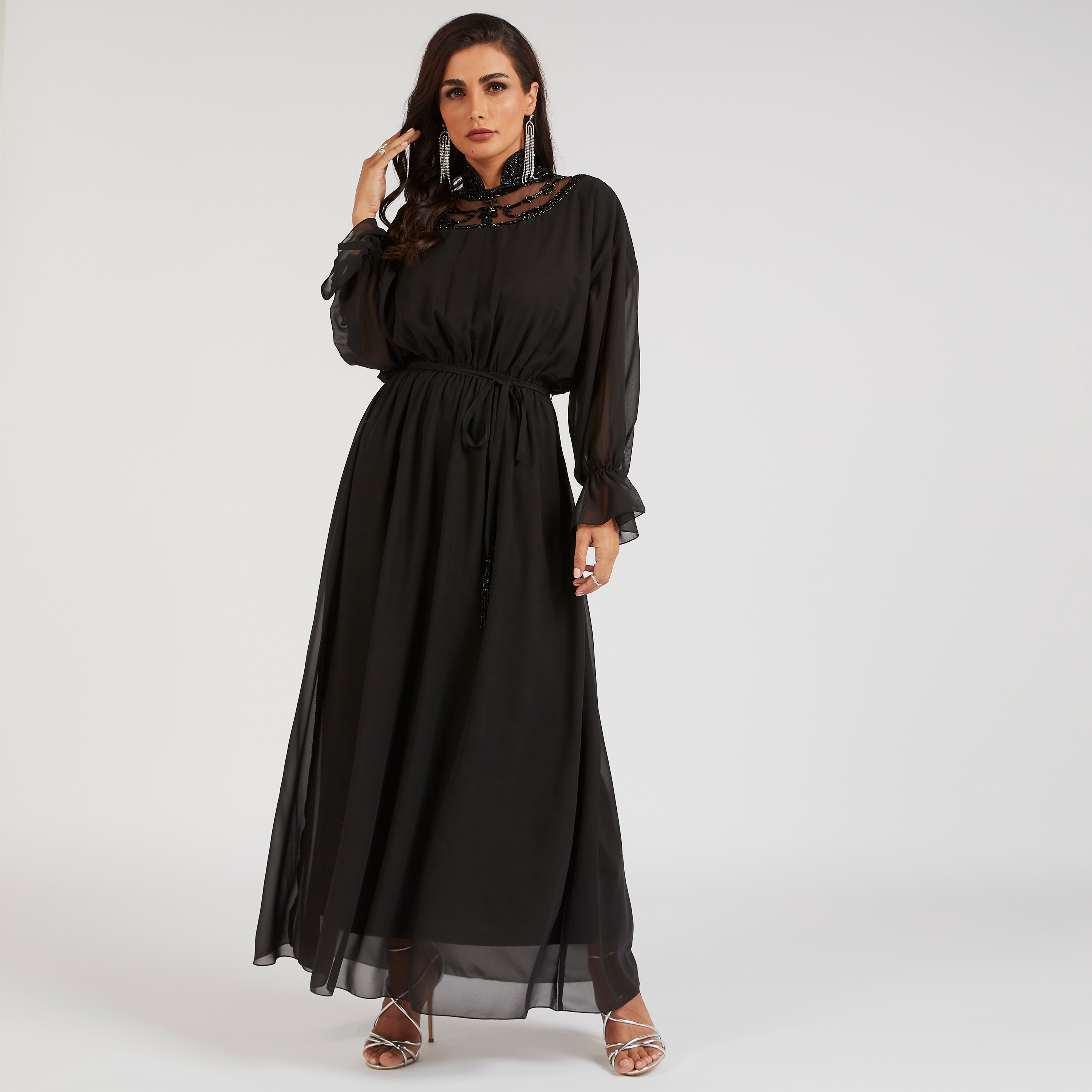 Iconic Embellished Maxi A-line Dress with Long Sleeves and Tie-Ups-women-clothing-dresses-image-2