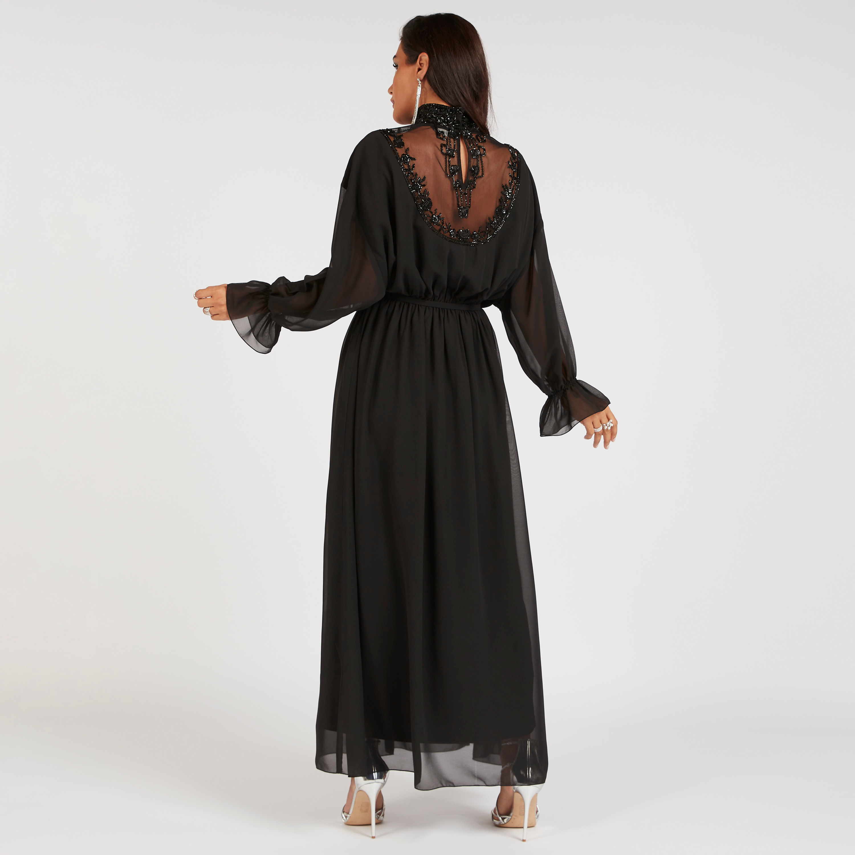 Iconic Embellished Maxi A-line Dress with Long Sleeves and Tie-Ups-women-clothing-dresses-image-4