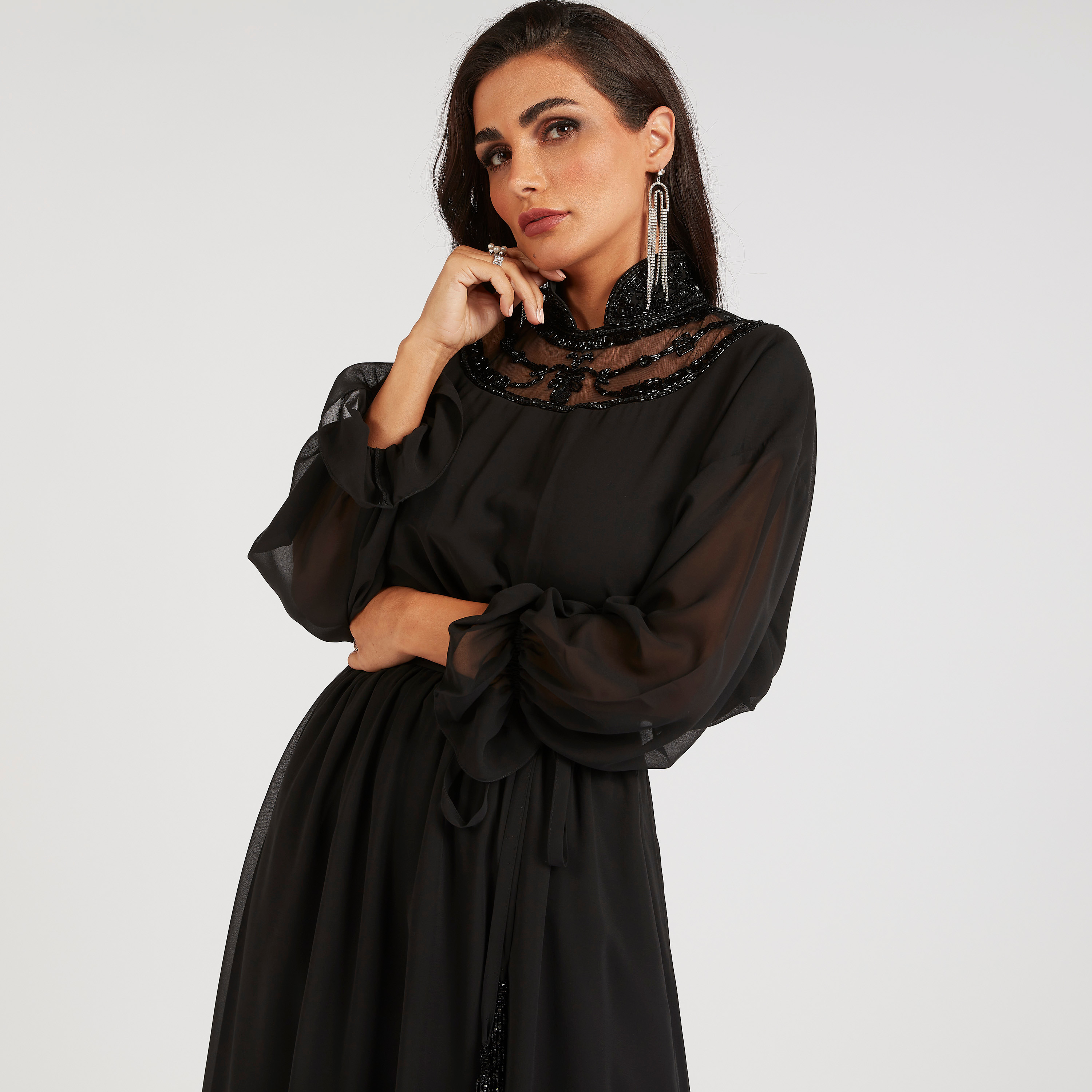 Iconic Embellished Maxi A-line Dress with Long Sleeves and Tie-Ups-women-clothing-dresses-image-5