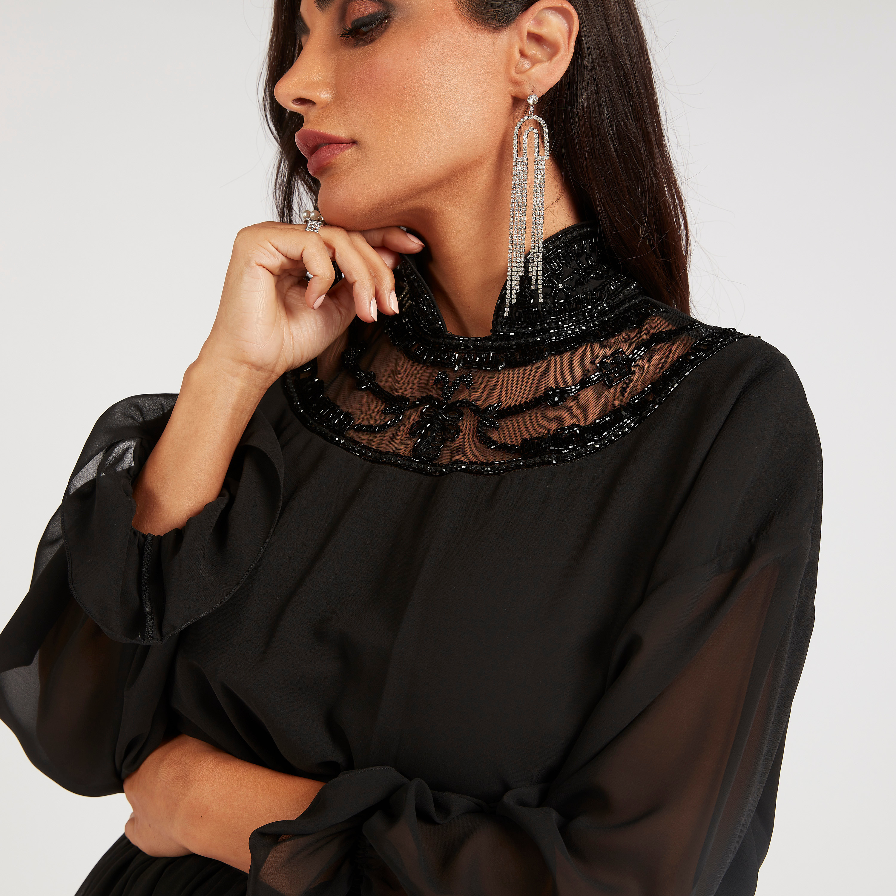 Iconic Embellished Maxi A-line Dress with Long Sleeves and Tie-Ups-women-clothing-dresses-image-6