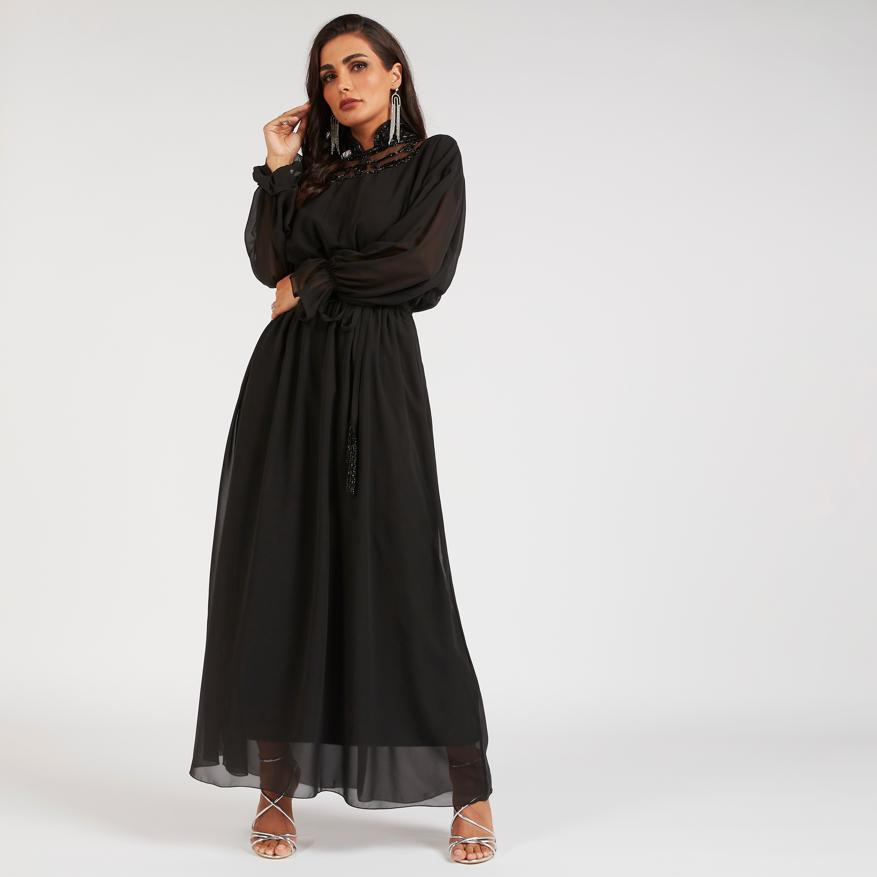 Iconic Embellished Maxi A-line Dress with Long Sleeves and Tie-Ups-women-clothing-dresses-image-9