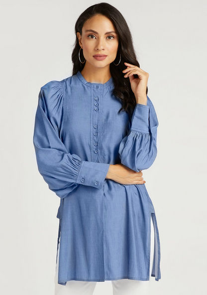 Iconic Mandarin Collar Chambray Top with Side Slits and Puff Sleeves