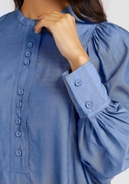 Iconic Mandarin Collar Chambray Top with Side Slits and Puff Sleeves