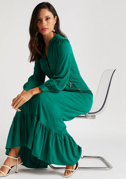 Iconic Solid A-line Maxi Dress with Mandarin Collar and Long Sleeves
