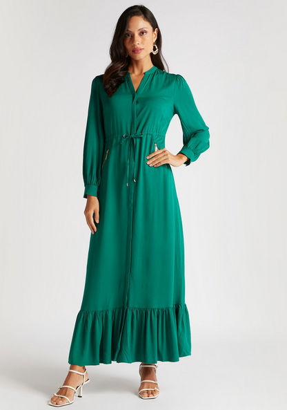 Iconic Solid A-line Maxi Dress with Mandarin Collar and Long Sleeves-Dresses-image-1