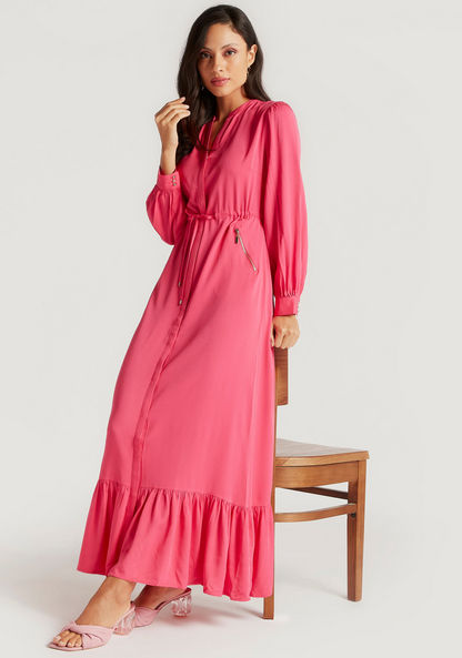 Iconic Solid A-line Maxi Dress with Mandarin Collar and Long Sleeves-Dresses-image-0
