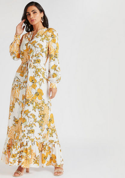 Iconic Floral Print A-line Maxi Dress with Waist Tie-Ups