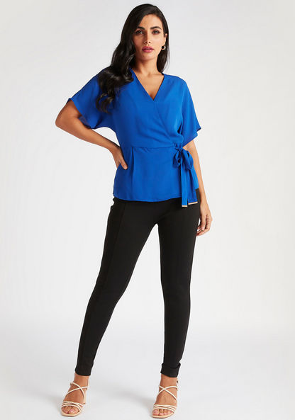 Solid V-neck Wrap Top with Short Sleeves and Tie-Up Belt