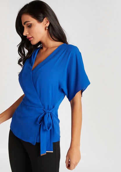 Solid V-neck Wrap Top with Short Sleeves and Tie-Up Belt