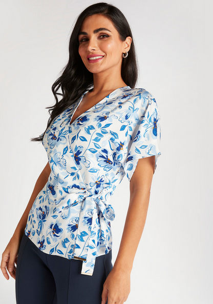 Iconic Floral Print Wrap Top with V-neck and Waist Tie-Ups