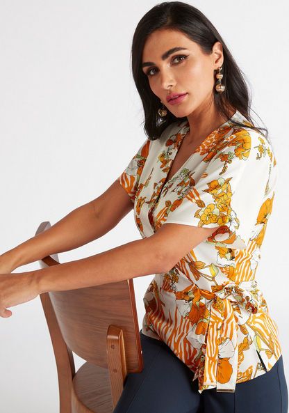 Iconic Floral Print Wrap Top with Waist Tie-Ups-Shirts & Blouses-image-0