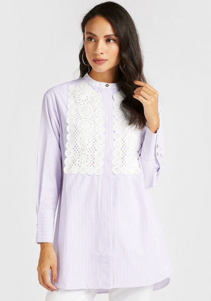 Iconic Striped Lace Applique Tunic with Mandarin Collar