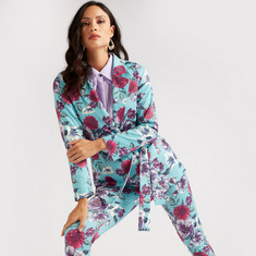 Iconic Floral Print Blazer with Notch Lapel and Tie-Ups