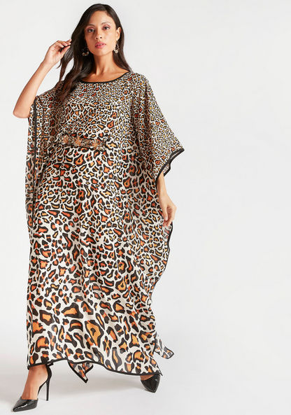 Shop Iconic Animal Print Asymmetric Maxi Dress with Round Neck and Kaftan Sleeves Online | Splash Bahrain Shop Iconic Animal Print Asymmetric Maxi Dress with Round Neck and Kaftan Sleeves Online | Splash Bahrain