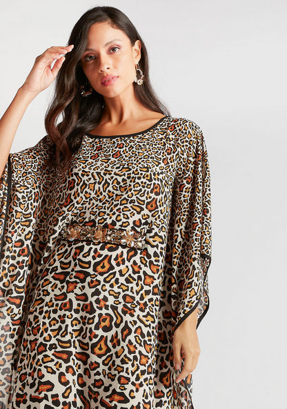 Iconic Animal Print Asymmetric Maxi Dress with Round Neck and Kaftan Sleeves