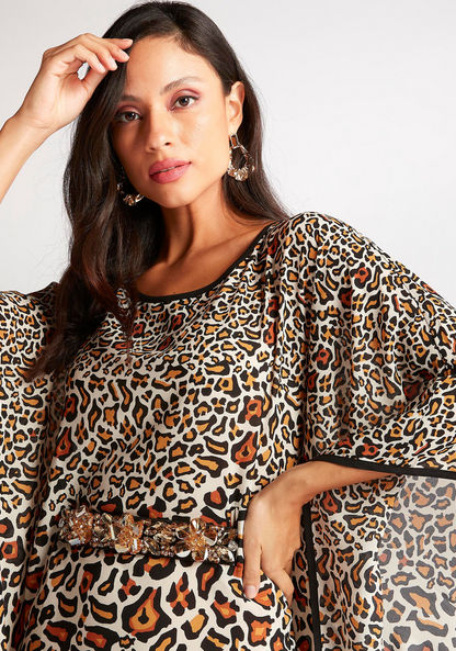 Iconic Animal Print Asymmetric Maxi Dress with Round Neck and Kaftan Sleeves