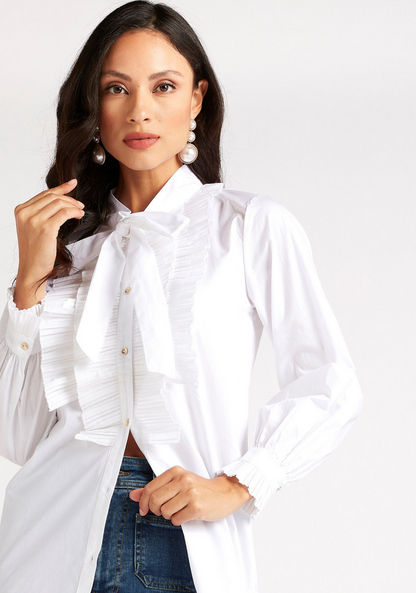 Iconic Solid Shirt with Tie Neck and Pleat Detail