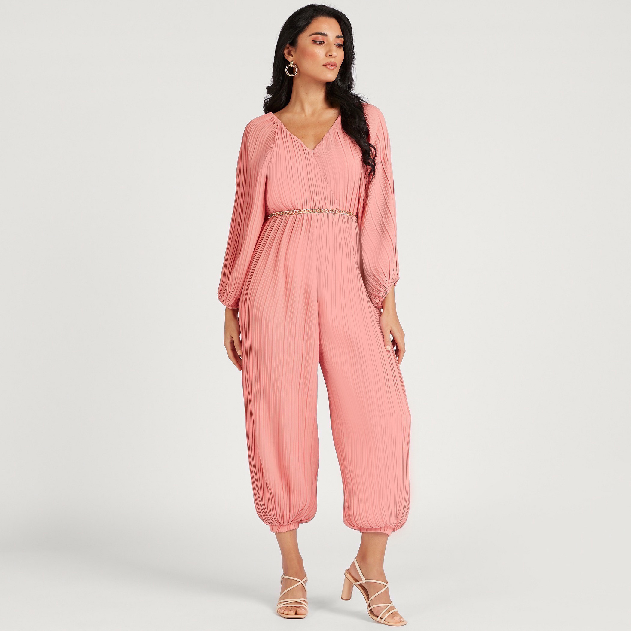 Long sleeve sales pleated jumpsuit