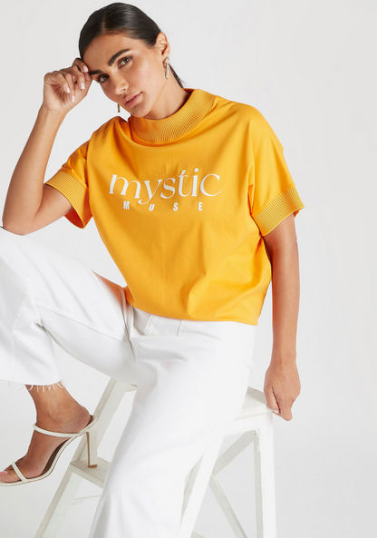 Iconic Text Print Crew Neck T-shirt with Short Sleeves