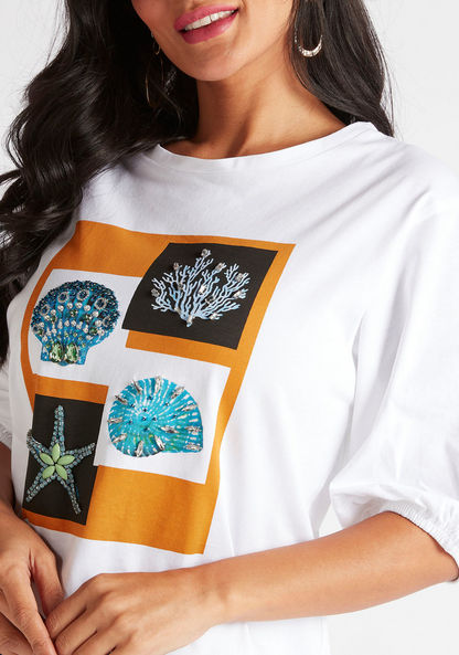 Iconic Embellished T-shirt with Round Neck and Volume Sleeves