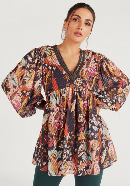 Iconic Printed V-neck Top with Baloon Sleeves