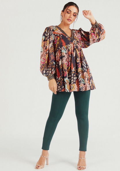 Iconic Printed V-neck Top with Baloon Sleeves
