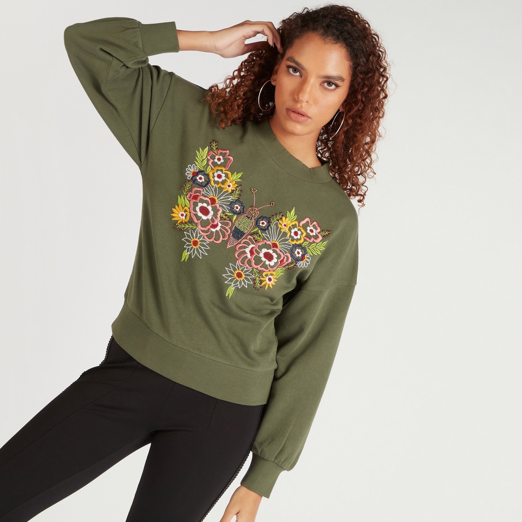 Iconic Embroidered Sweatshirt with Drop Shoulder Sleeves