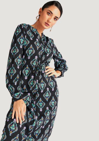 Iconic Printed Maxi A-line Dress with Long Sleeves