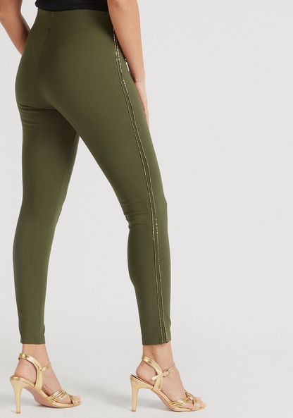 Solid High-Rise Leggings with Embellished Tape Detail