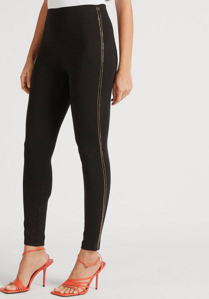 Solid High-Rise Leggings with Embellished Tape Detail-Leggings-image-0