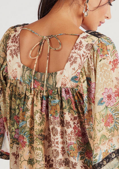 Iconic Floral Print Square Neck Top with 3/4 Sleeves and Tie-Ups