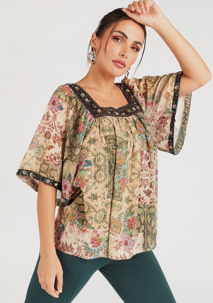 Iconic Floral Print Square Neck Top with 3/4 Sleeves and Tie-Ups