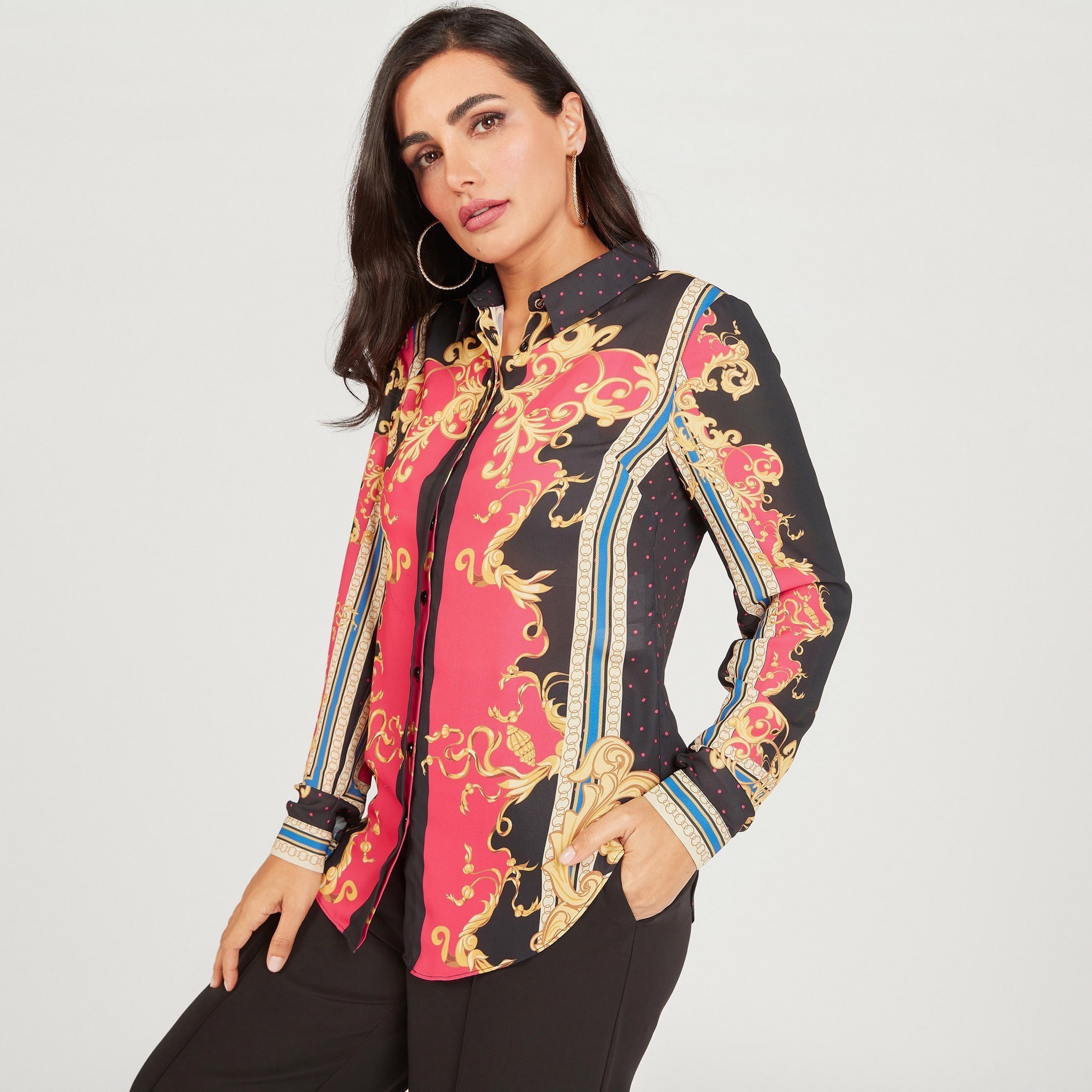 Iconic Printed Long Sleeve Shirt with Button Closure and Pleat Detail-women-clothing-shirtsandblouses-shirts-image-1