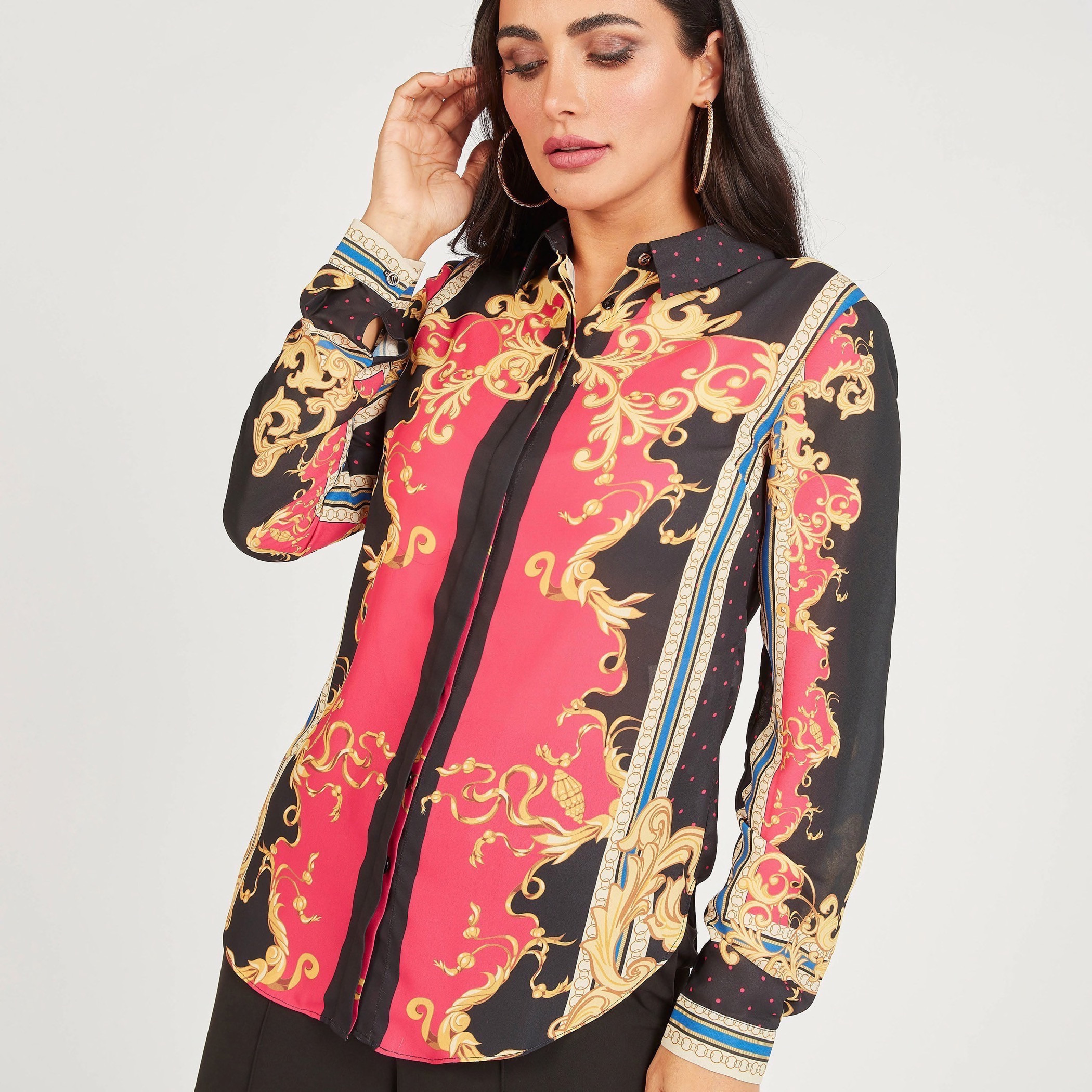 Iconic Printed Long Sleeve Shirt with Button Closure and Pleat Detail-women-clothing-shirtsandblouses-shirts-image-3