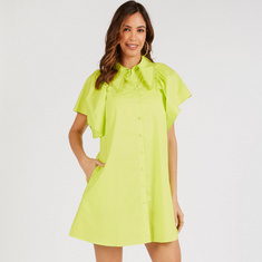 Iconic Solid Mini Shirt Dress with Flared Sleeves and Pockets