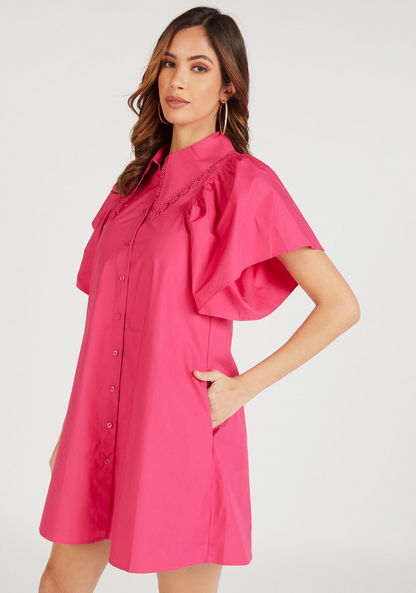 Iconic Solid Mini Shirt Dress with Flared Sleeves and Pockets-Dresses-image-0